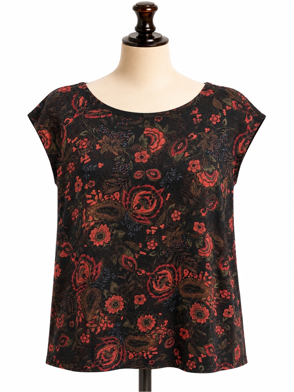 Coldwater Creek Black Cap-Sleeve Top with Red Floral Print